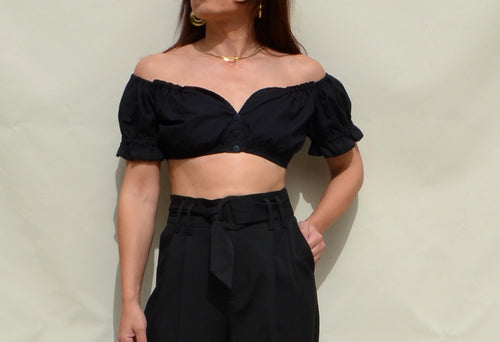 Black short sleeved boho crop top.