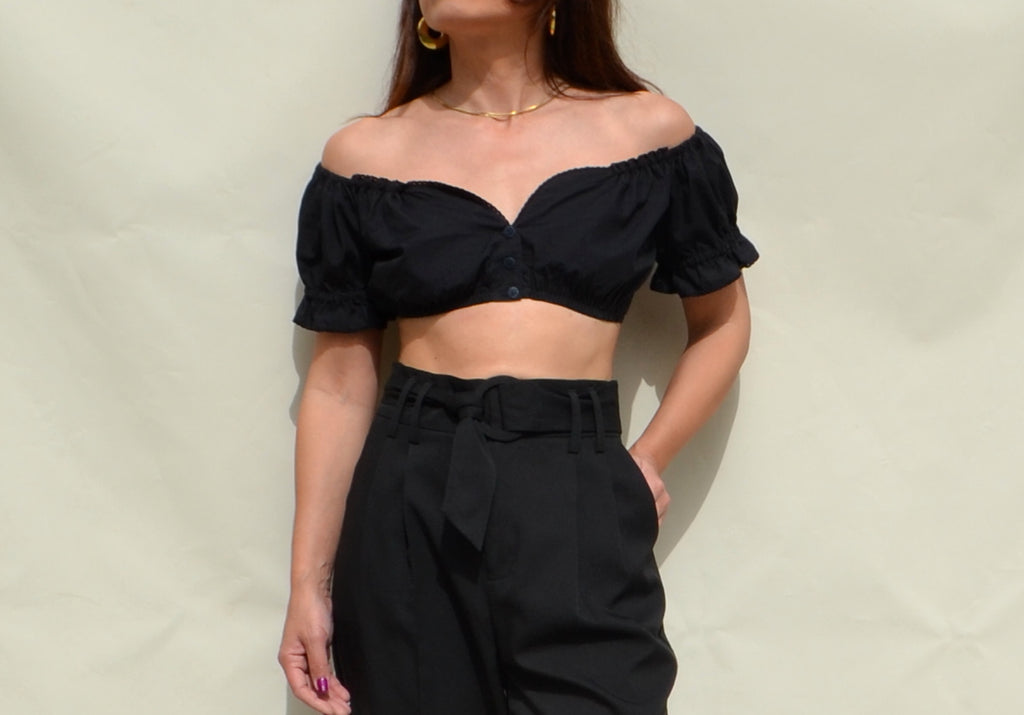 Black short sleeved boho crop top.