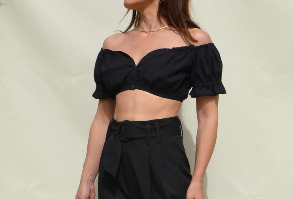 Black short sleeved boho crop top.